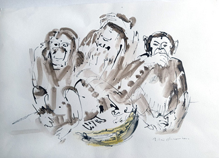 Barbara Kirchner - see no evil, hear no evil, speak no evil, 44 x 47 cm, Aquarell, Tusche auf Papier; 34,5 x 50 cm - Kunstprojekte Leyerseder